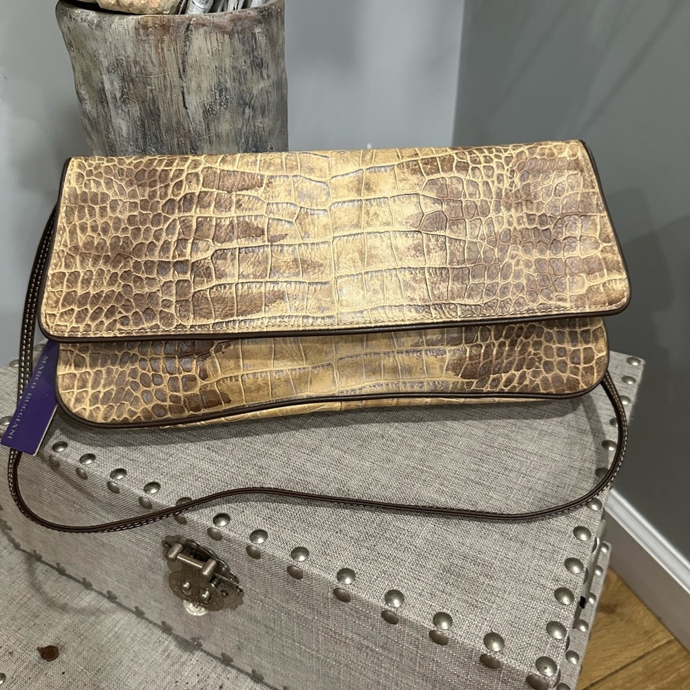 Gold and Brown Crocodile Textured Clutch for Evening Events